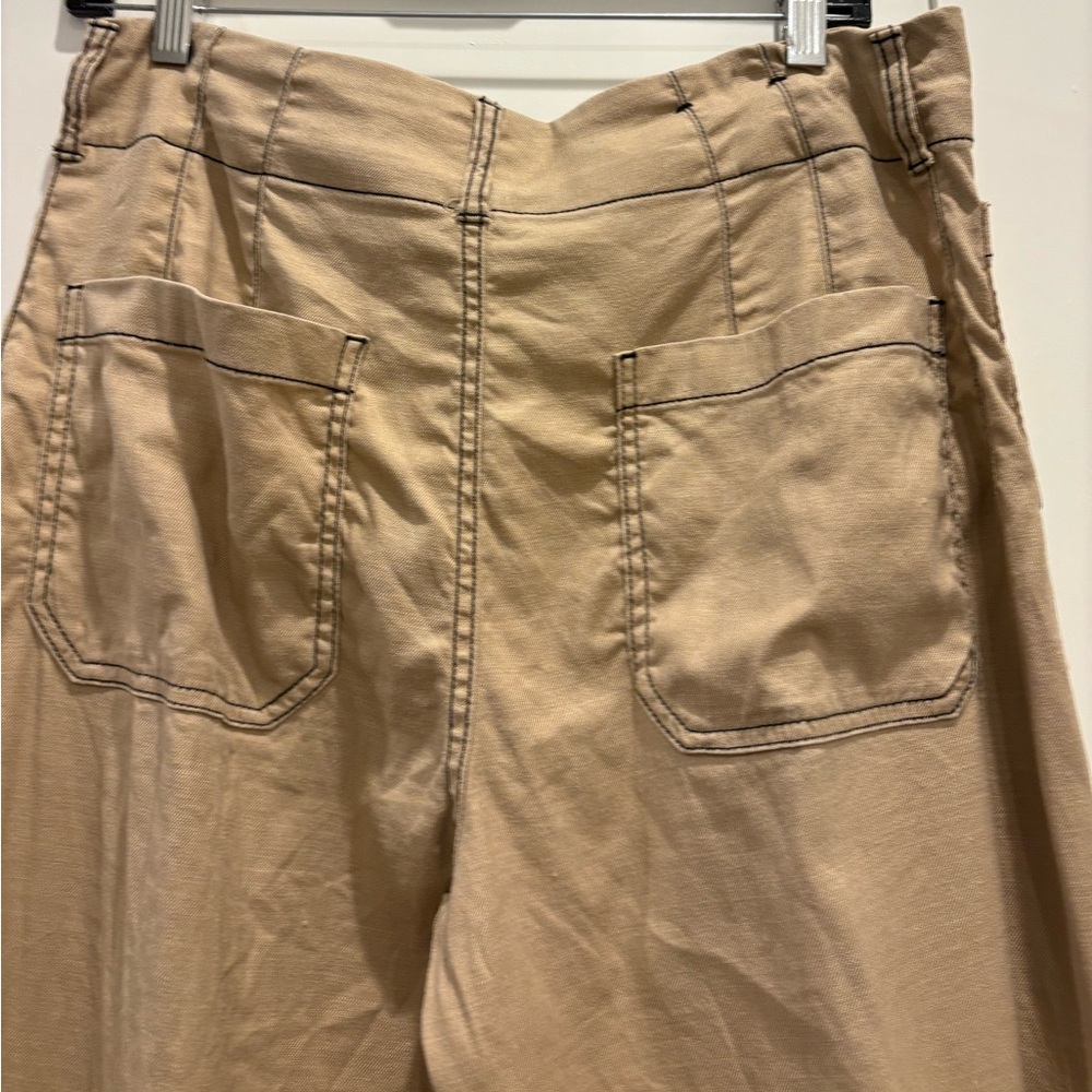 Khaki The Colette Contrast-Stitch Linen Crop Wide-Leg Pants by Maeve 30 - Picture 6 of 7